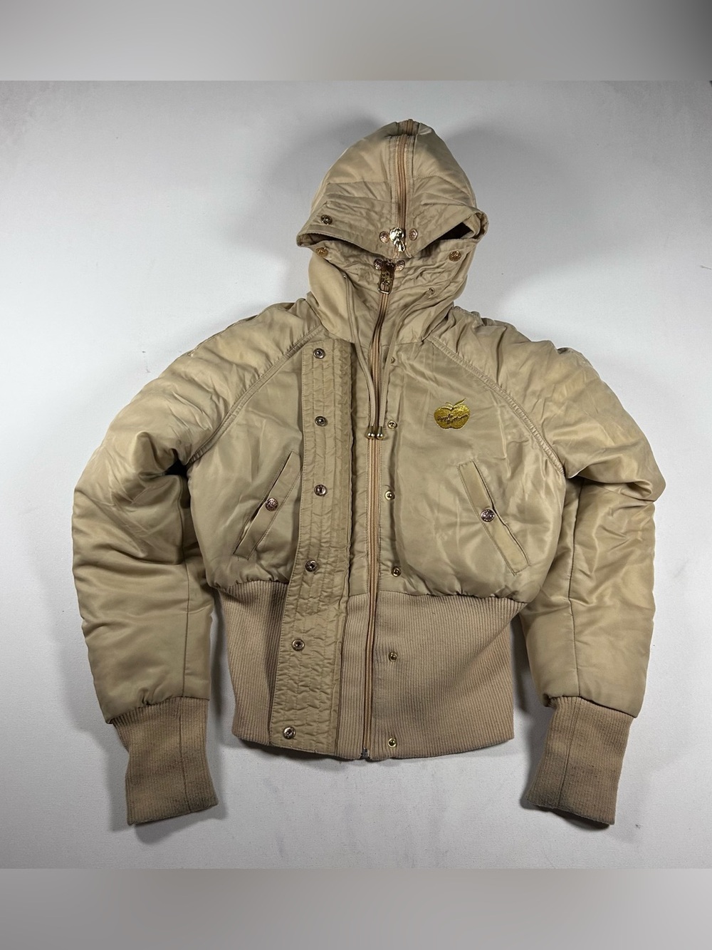 VintageY2K Apple Bottom Gold Puffer Jacket Large Hooded Down/Feather Sequined